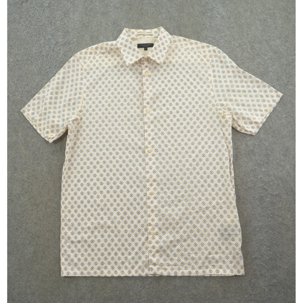 Ted Baker Shirt Mens Large Beige Button Up Short Sleeve Geometric Print Pockets